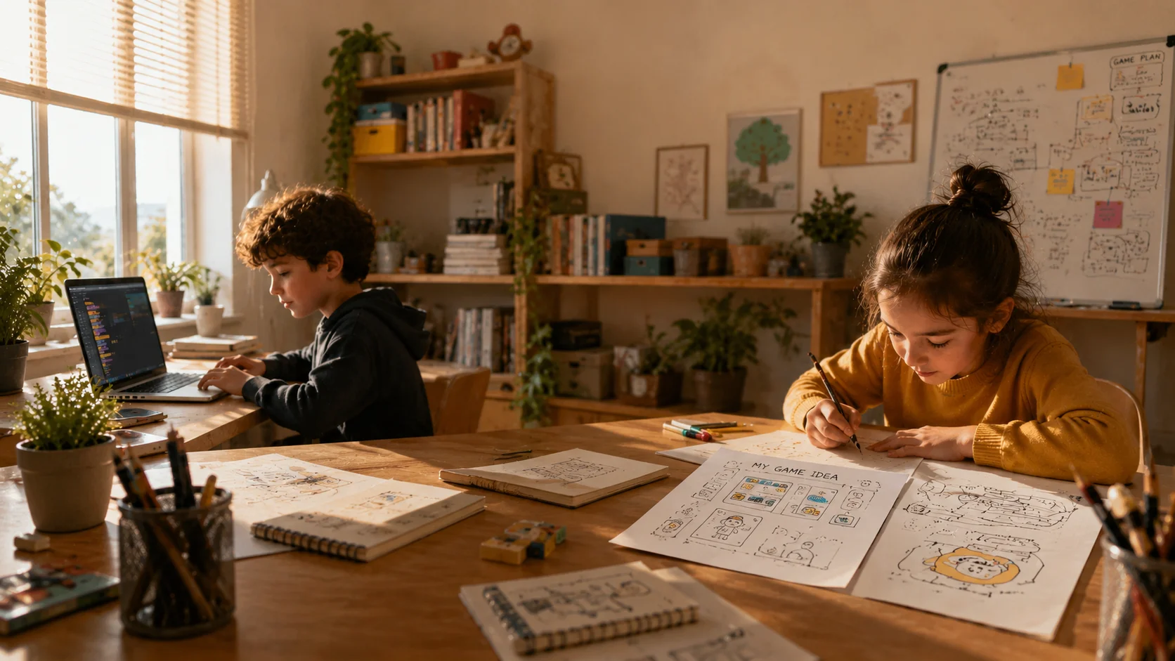Two kids creating a game together — sketching ideas on paper and building in Scratch