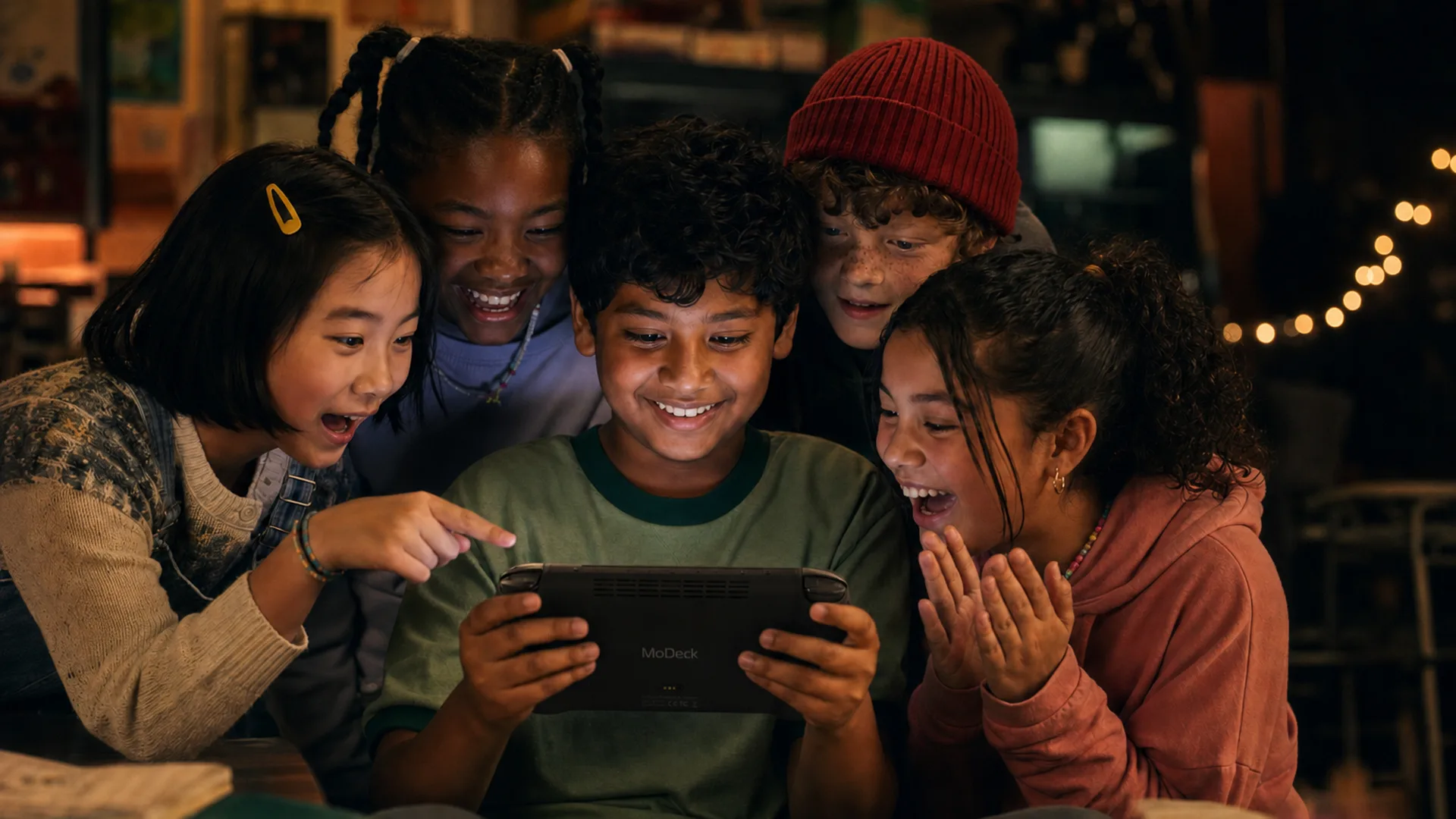 Five kids crowd around one MoDeck at night, faces lit by its screen — the maker grinning in the middle