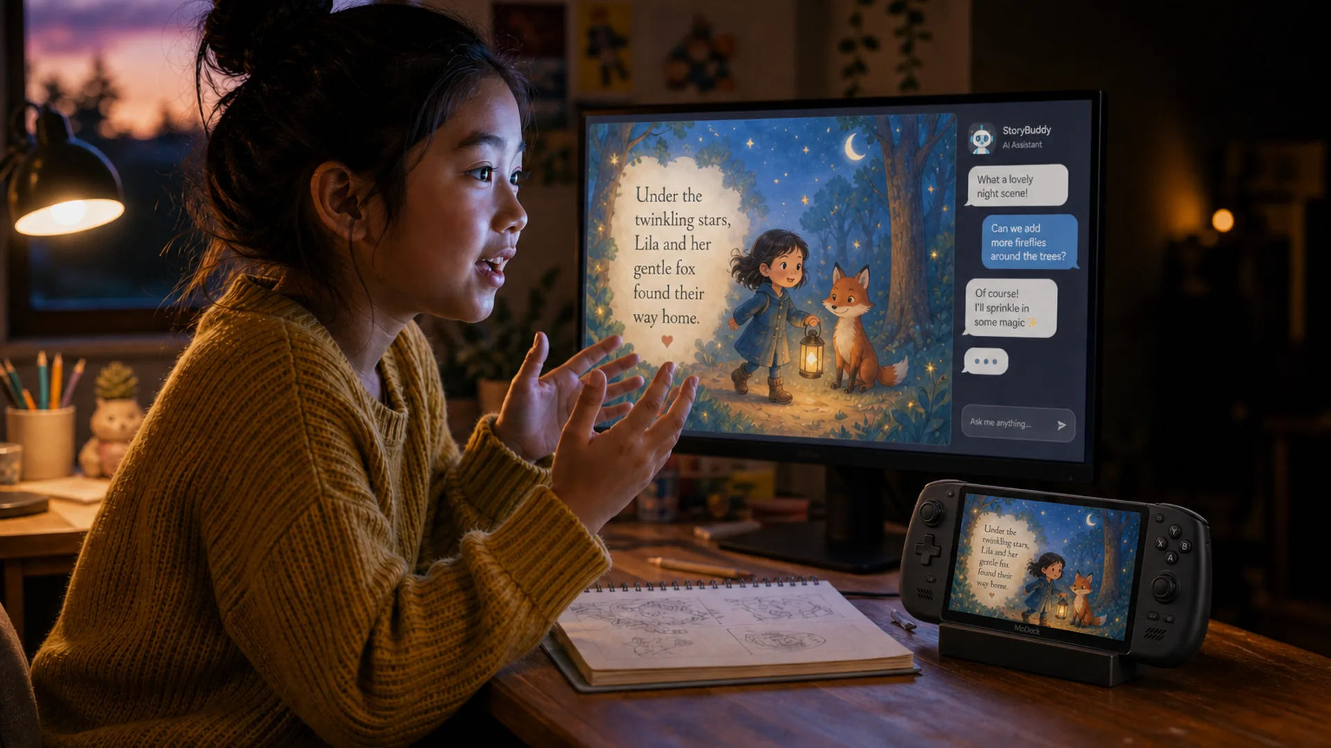 A girl tells the AI her idea while the game takes shape on the screen in front of her