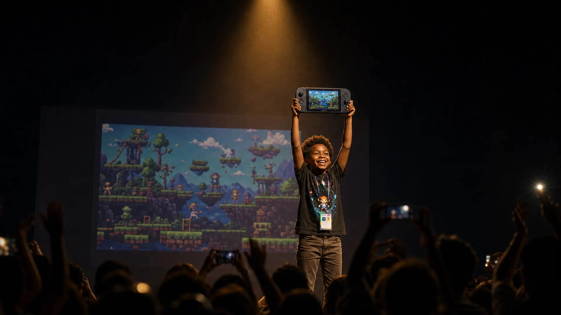 A boy on a competition stage raises his MoDeck overhead, his game on the big screen behind him