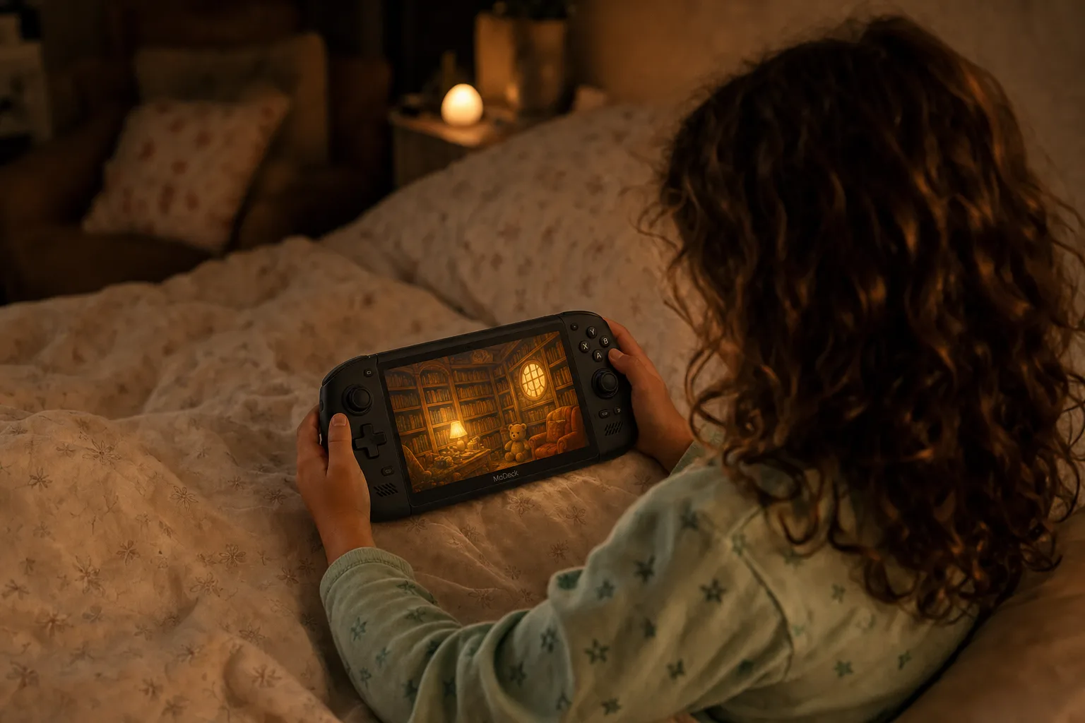 In a dim bedroom at night, a girl's hands hold the console on the bed under a cozy blanket, its screen glowing soft amber with a calm illustrated storybook.