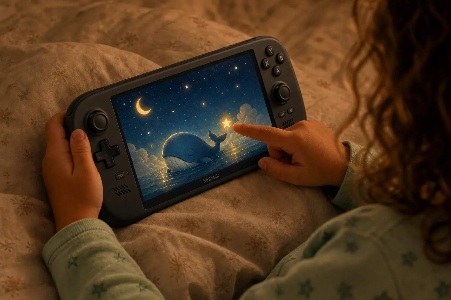 Close-up of the console screen showing a gentle illustrated storybook of a sleepy whale under a starry sky, the girl's finger reaching in to add a star in warm dim light.