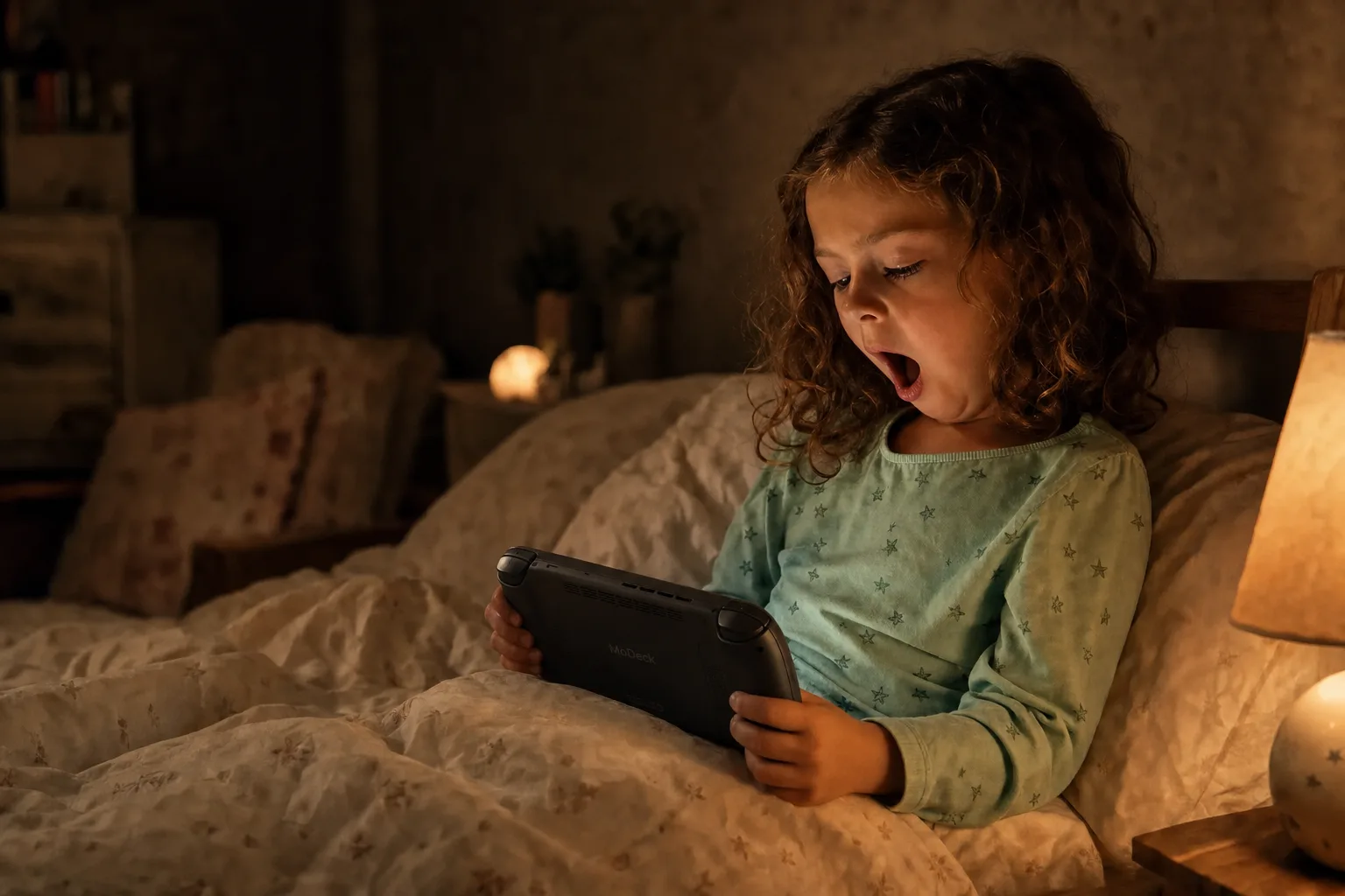 The 6-year-old girl yawns in bed in dim amber light as the console in her hands dims into a calm goodnight screen, the room peaceful and sleepy.