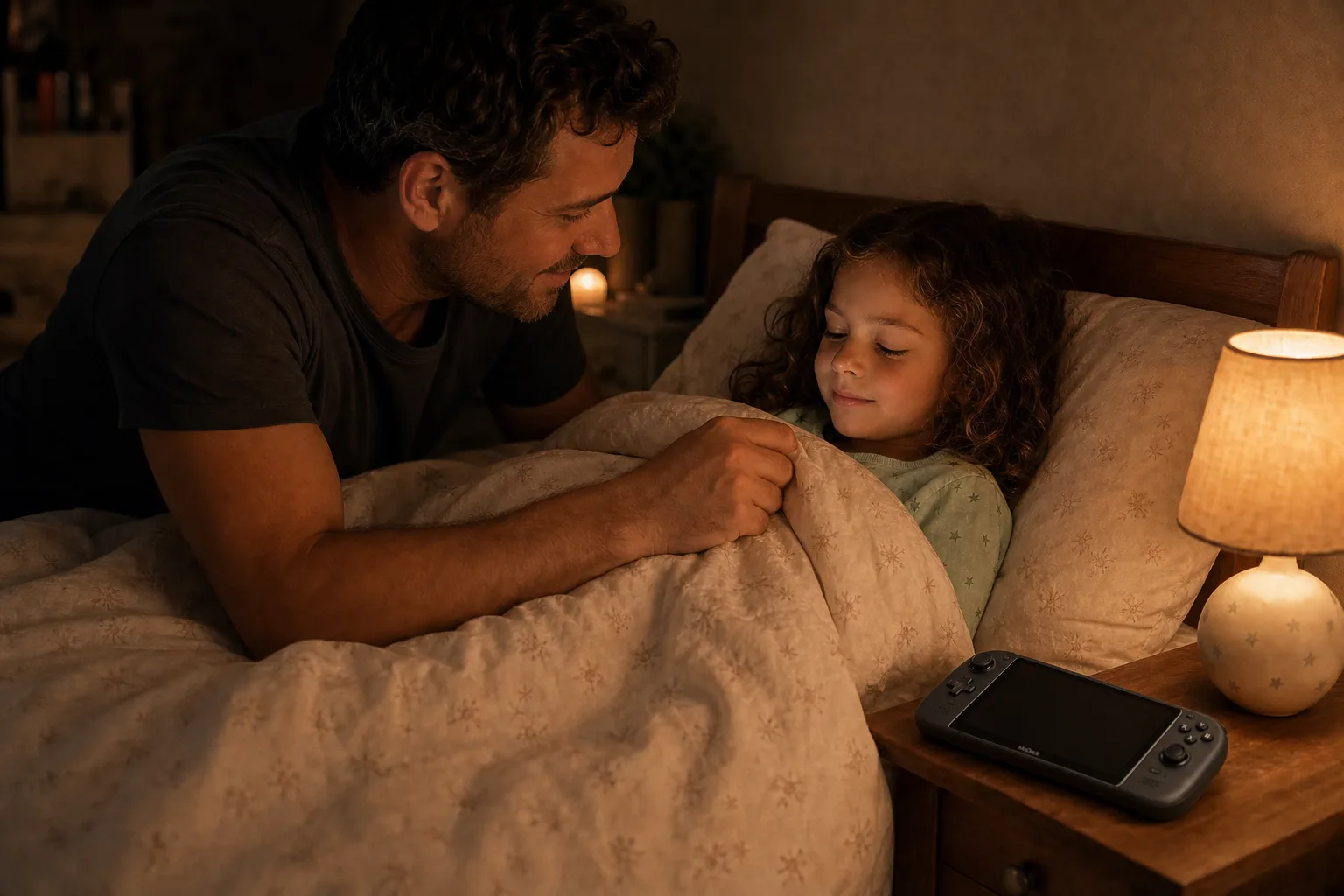 A father gently tucks his 6-year-old daughter into bed at night under warm soft lamplight, both calm and content, no screen anywhere in sight.