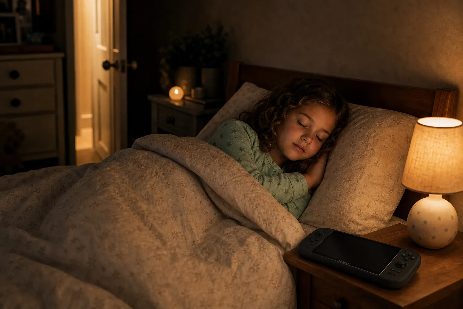 The girl sleeps peacefully in her bed while the console sits dark on the nightstand and her father softly closes the bedroom door in warm dim night light.