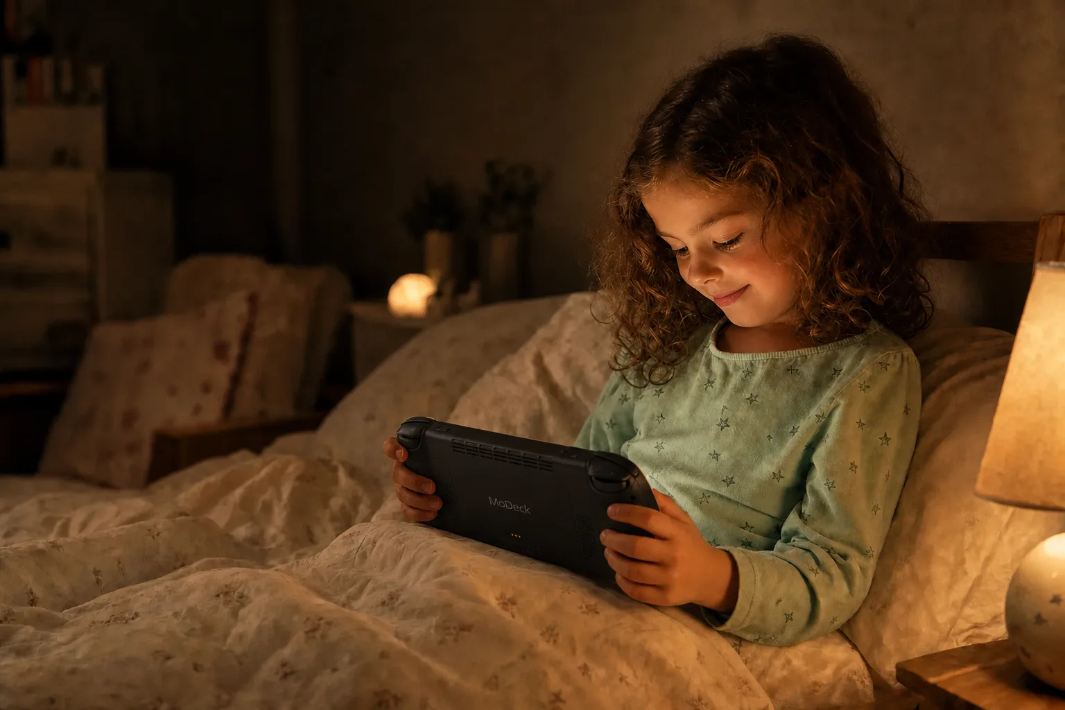 A 6-year-old girl in soft pajamas sits up in bed in a warmly lit bedroom at night, holding a small handheld console that glows a gentle amber.