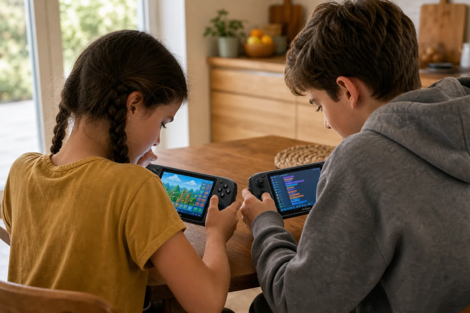 A 9-year-old girl looks unsure at her handheld console while her 13-year-old brother leans in to help and point at her screen, two consoles on the sunny kitchen table.