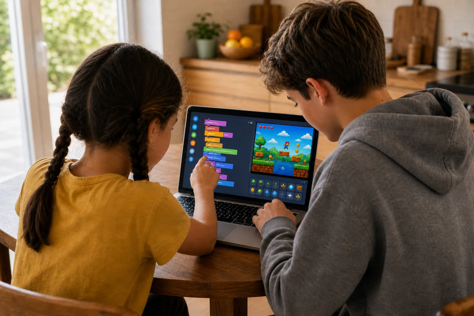 Seen from behind, the two siblings share one open laptop in warm daylight: the older boy builds game logic in a colorful block-based interface while the younger girl leans in, dragging a block and drawing the game character.