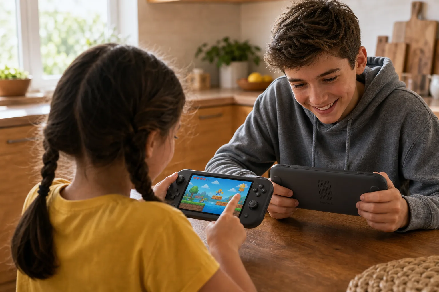 The 9-year-old girl points excitedly at her console screen where a little game is running, her 13-year-old brother grinning beside her in a joyful candid moment.