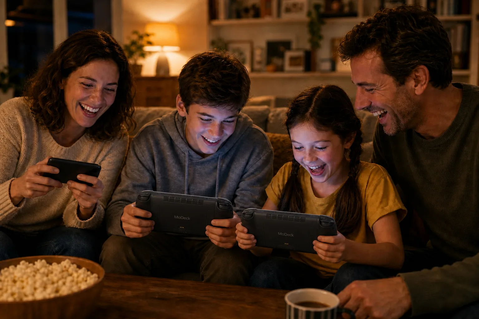 A family gathers in a cozy living room in the evening, laughing as several of them play the same little game together on handheld consoles and a phone under warm lamplight.