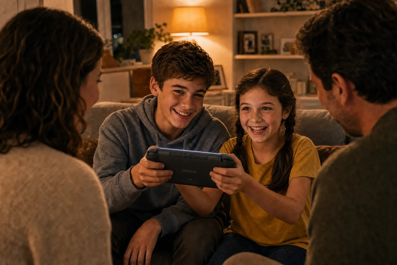 The 13-year-old boy and 9-year-old girl stand side by side, proudly showing their parents the game they made on a handheld console, everyone smiling in warm evening living-room light.
