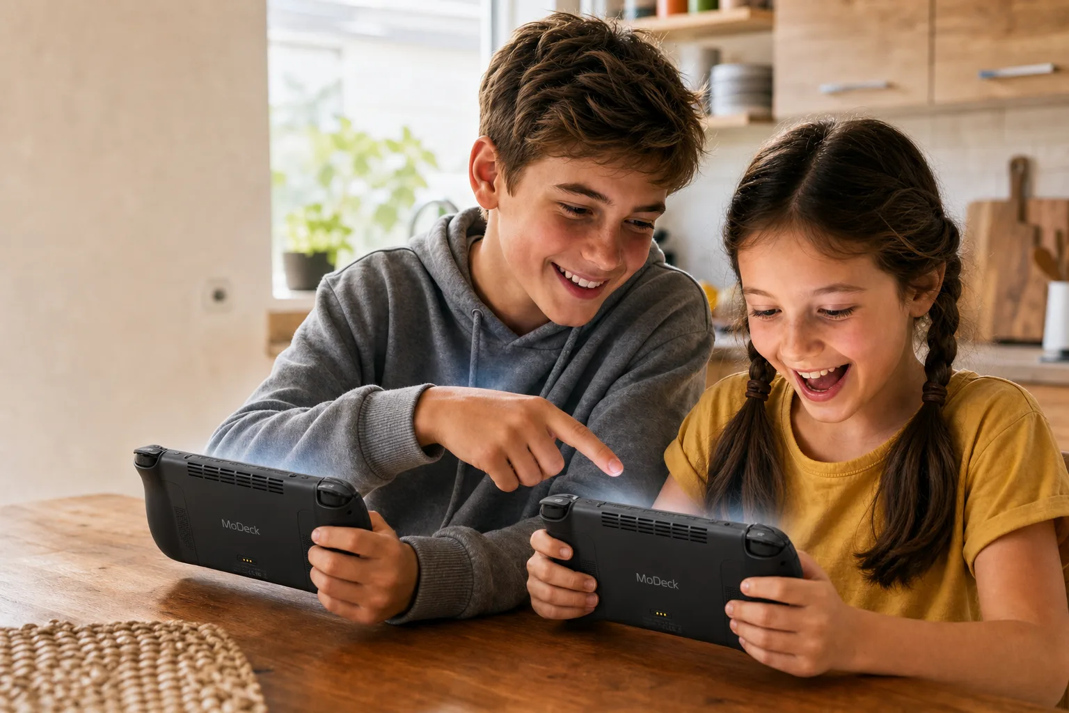 Two siblings, 13 and 9, sit heads together over two handheld consoles at a sunny kitchen table, the older one pointing at the younger one's screen as both laugh in warm daylight.