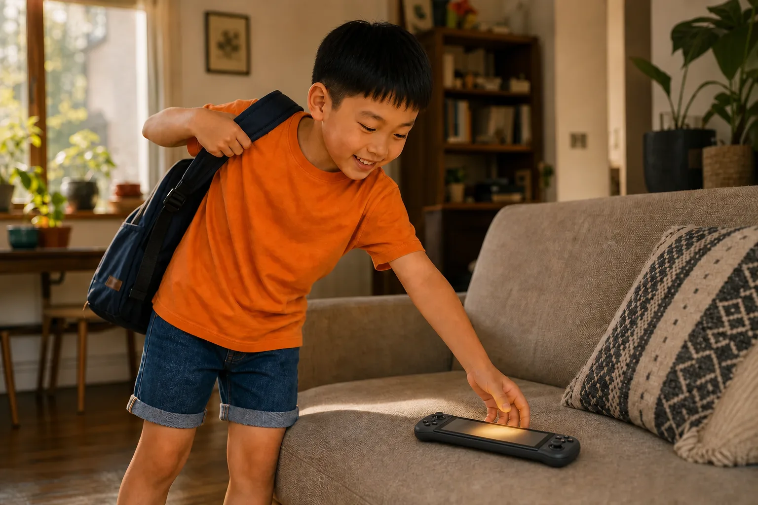 A boy just home from school drops his backpack in a cozy apartment living room and reaches for the handheld console on the sofa, warm afternoon light coming through the window.