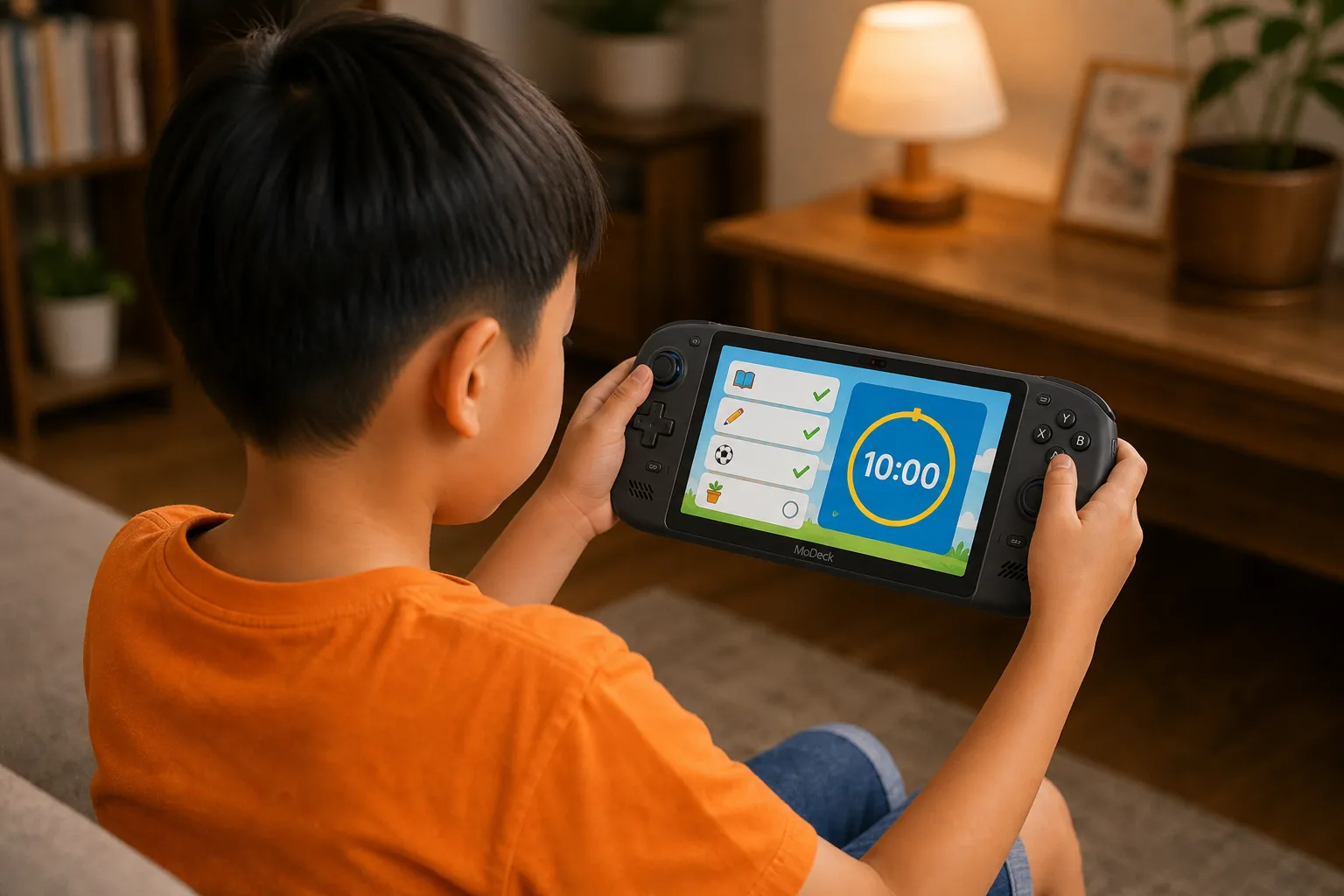 Close-up of the console held in a boy's hands, its screen showing a friendly task-list card with a countdown timer, his focused face softly out of focus behind it in warm indoor light.