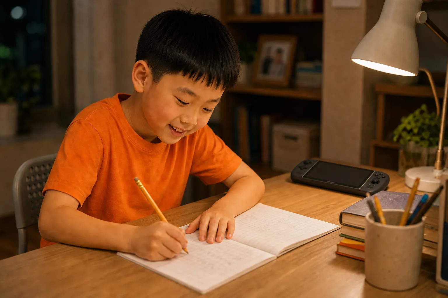 The boy does homework at a tidy study desk under warm lamplight, pencil in hand, calm and determined, the console set aside face-down beside him.