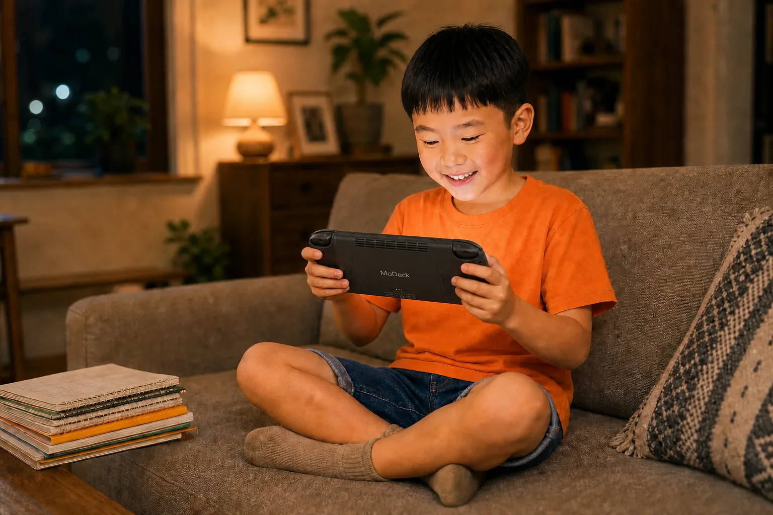 A mother on the subway smiles at her phone as she approves a request, while at home her son happily plays his handheld console with the finished homework beside him, all in warm tones.