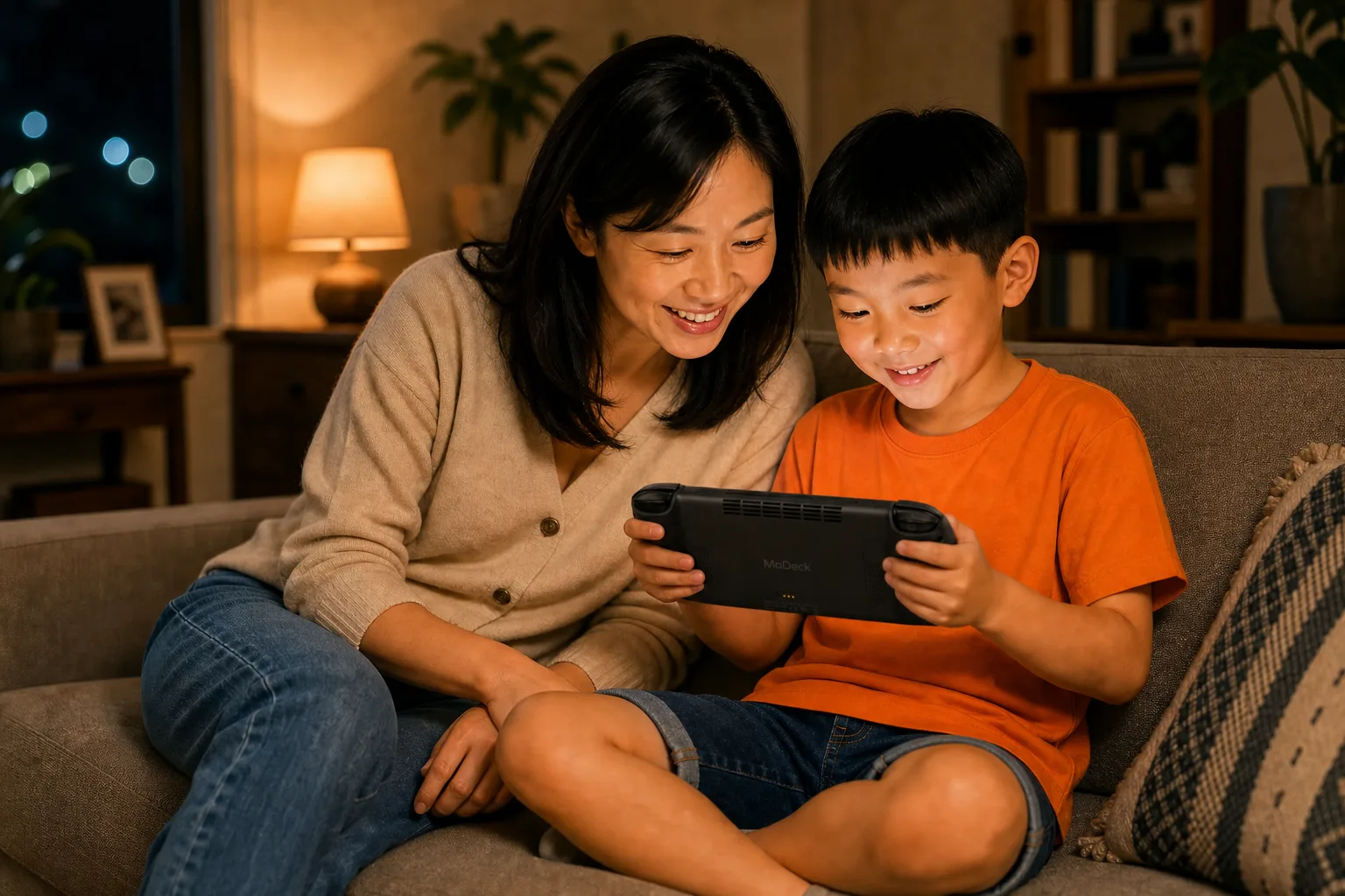 A mother and her 8-year-old son sit together at home in the evening, both smiling as he shows her something on his handheld console in cozy living-room light.