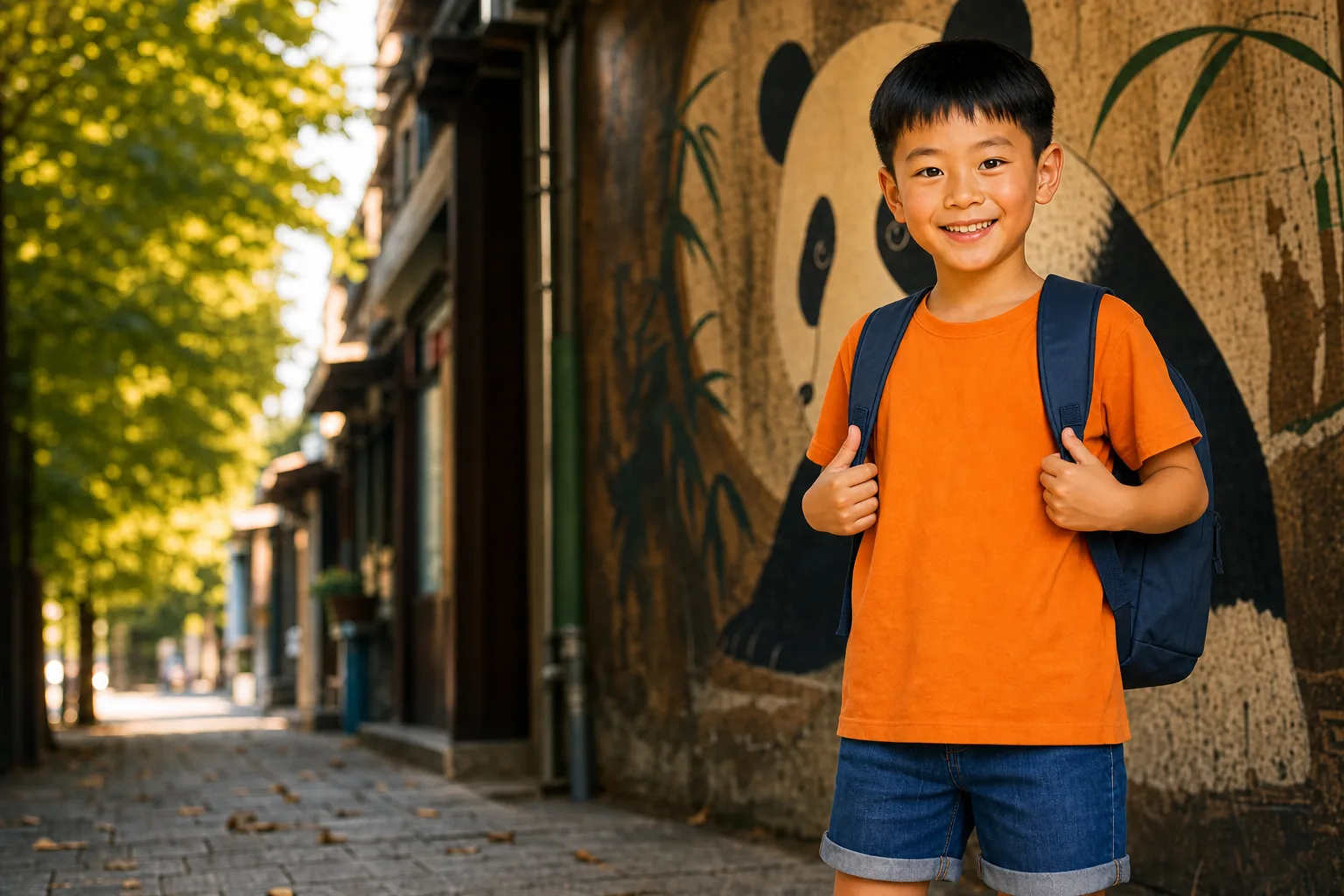 An 8-year-old boy stands on a Chengdu street in warm late-afternoon light, smiling down at the dark handheld console in his hands, the city soft behind him.