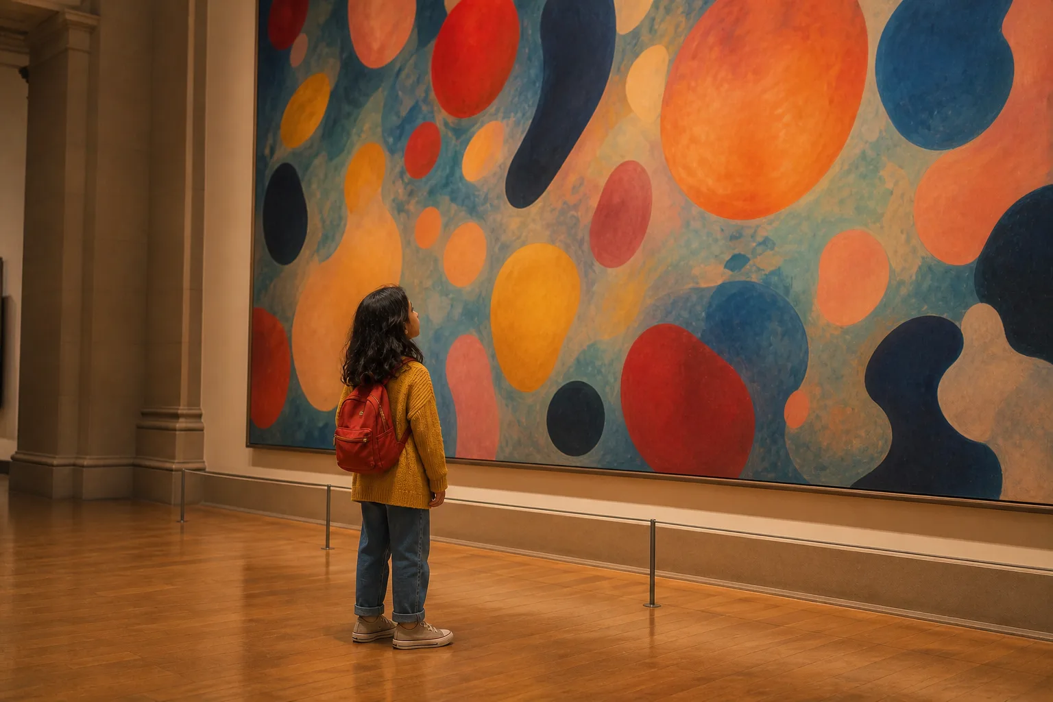 Seen from behind and to the side, the girl gazes up at a large bold colorful abstract painting on a gallery wall, backpack on her shoulders, caught in a moment of wonder.