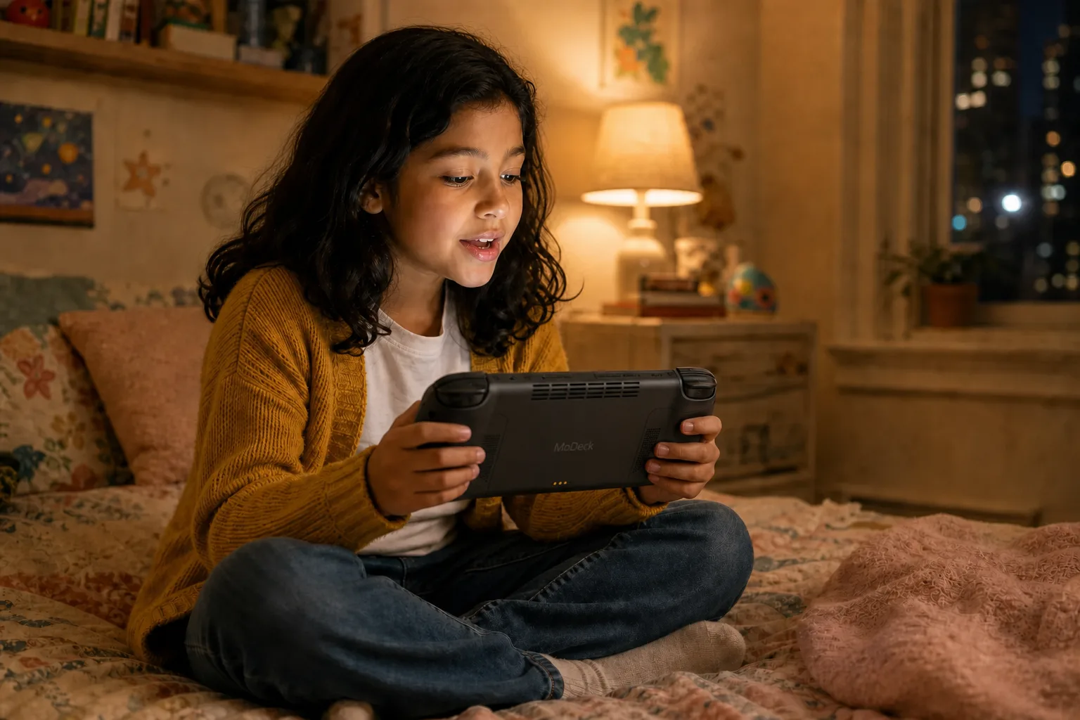 The 9-year-old girl sits on her bed in a cozy evening bedroom, talking to the small handheld console she holds, thinking and creating under warm lamplight.