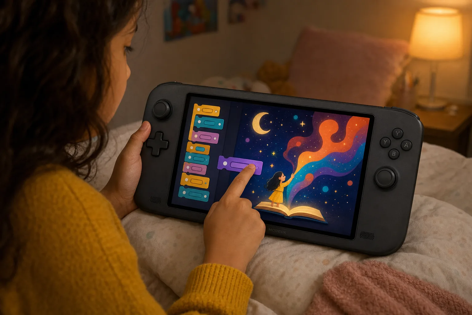 Close-up of the console screen where colorful abstract shapes float in a night sky as a storybook takes shape, the girl's hand dragging a coding block in warm room light.