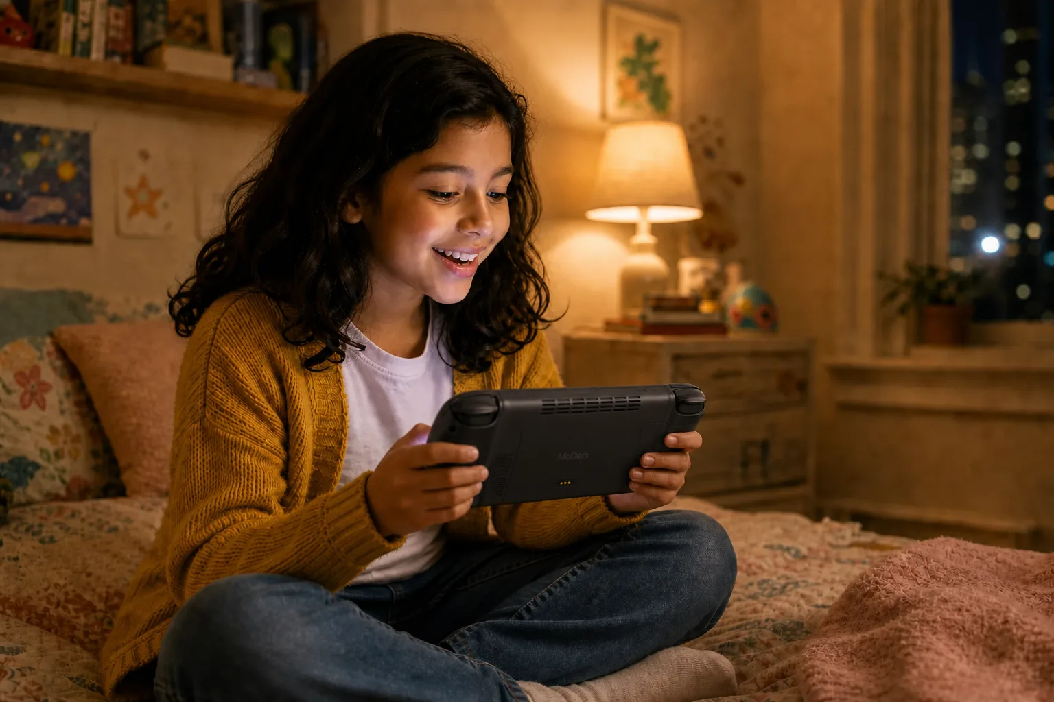 The girl smiles proudly at her handheld console showing the finished interactive storybook of glowing floating shapes, her cozy bedroom warm in the evening light.
