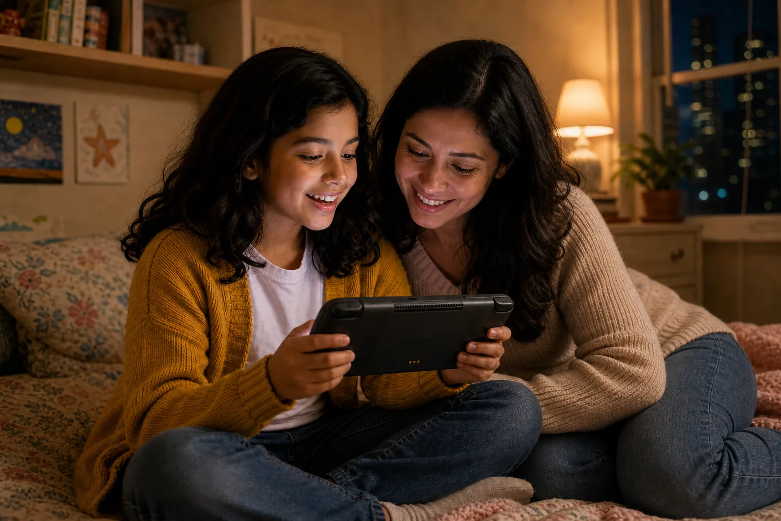 The 9-year-old girl delightedly shows her mother the interactive storybook she made on her handheld console, both smiling in cozy warm evening light at home.
