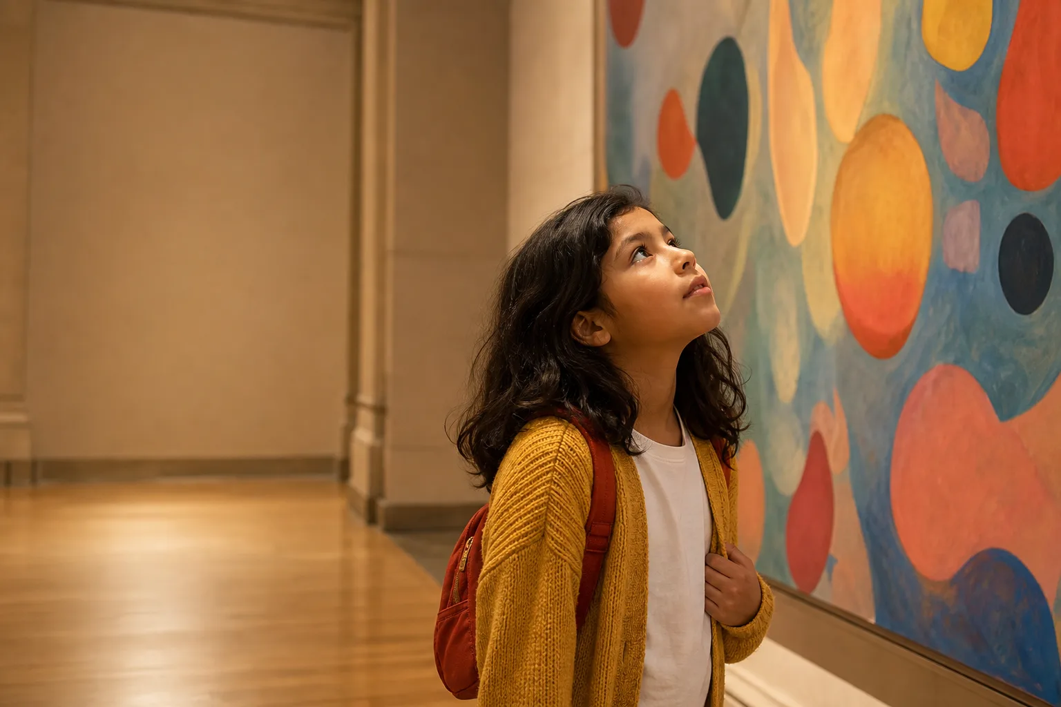 A 9-year-old girl with a small backpack stands in a grand museum gallery, gazing up in wonder at a large colorful abstract painting full of floating shapes in warm gallery light.